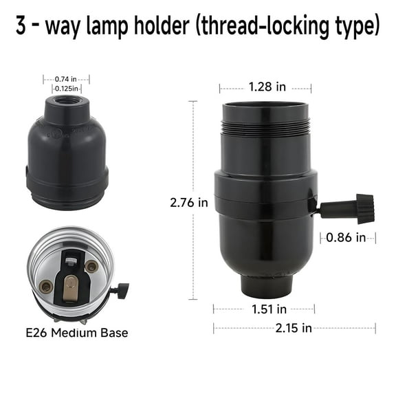 GHRTGR-3-Way Lamp Socket Replacement, E26 Base,UL Listed, Turn Knob for Adjustable Low-Medium-High Light Settings, Ideal for Table & Floor Lamp Repairs and DIY Projects,with UNO Threads,2 Packs (Blac
