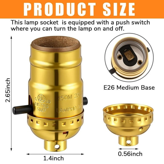 GHRTGR-4 Pack Lamp Socket with Push ON/Off, E26 Threaded Base, Turn Knob for ON/Off Light Settings, Lamp Parts for Floor and Table Lamps, DIY Project, UL Listed (Gold)