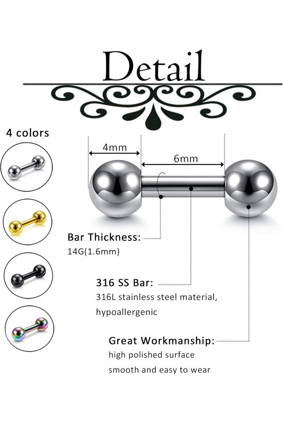 GHRTGR-4 Pairs Stainless Steel 14/16G Mixed Colors Body Piercing Barbells 6-16mm Post Studs Earring NippleTongue Helix Tragus Cartilage Labret Medusa Lip Eyebrow Straight Bar Ball Screw u2026