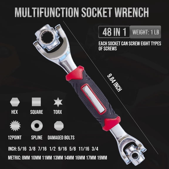 GHRTGR-48-in-1 Socket Wrench, Flexible Multi Functional Dog Bone with Rubber Handle, 360 Degree Rotating Head, Any Size Standard Span for Auto Repair and More
