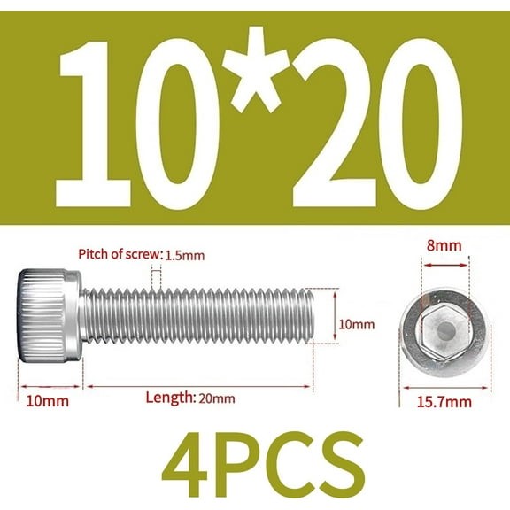 GHRTGR-4Pcs M10 Hex Bolt Socket Head Hex Socket Bolt Stainless Steel 1.25mm Fine Pitch Machine Fastener Hardware Used in Engineering Industry and Construction