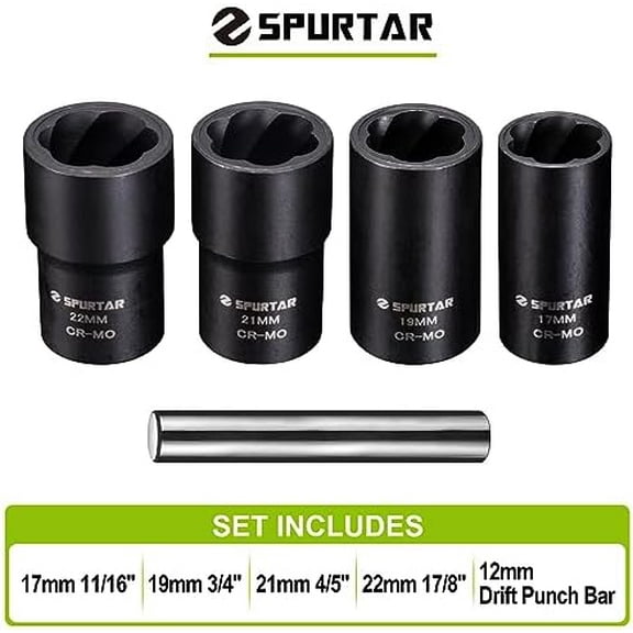GHRTGR-5 Pcs Wheel Lock Removal Kit, Locking Lug Nut Removal Tool Lug Nut Extractor Set Twist Socket Set for Removing Damaged, Dead, Rusted, Rounded-Off Bolts, Nuts & Screws-17MM,19MM, 21MM, 22MM