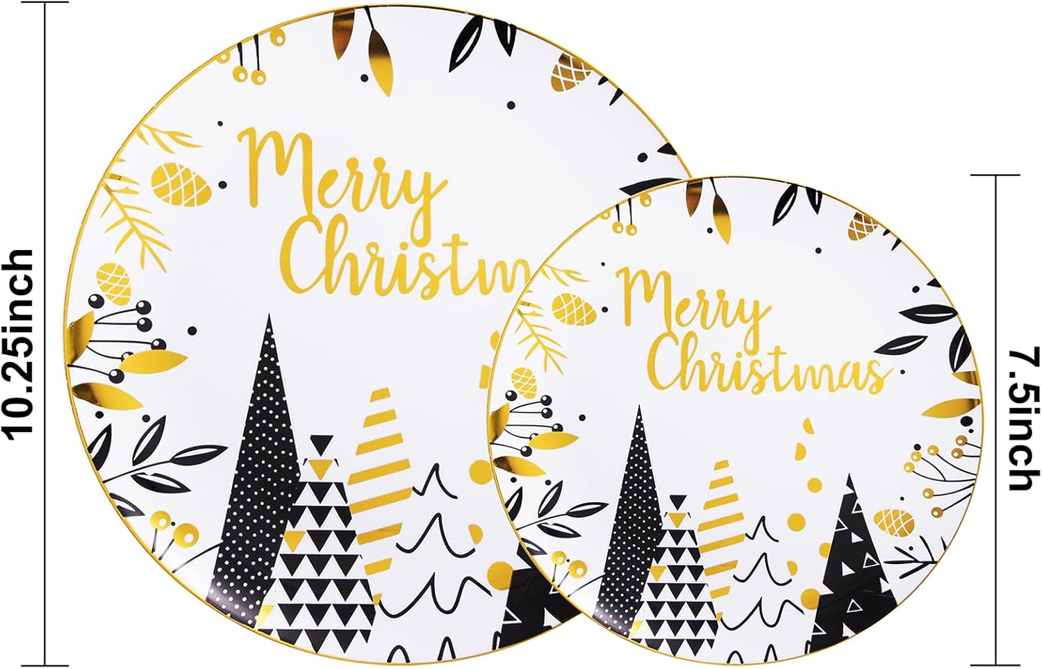 WDF 50-Piece Christmas Party Plates - Black & Silver Plastic Dinner & Salad Plates With Tree Design