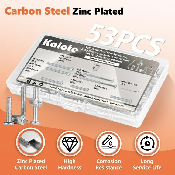 GHRTGR-53PCS Crib Screws Hardware Replacement Kit, Baby Bed Frame Bolts & Barrel Nuts Set for Delta/Graco, Hex Drive Socket Cap Screws Barrel Nuts Set (M6*20/30/40/50/60/70/80mm) with 1 Allen Wrench