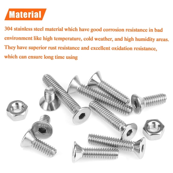 GHRTGR-56 Pieces 1/4-20 x 1/2" 3/4" 1" 1-1/4" 1-1/2", Countersunk Head Socket Cap Screws Bolts Nuts Kit, Coarse Thread, Fully Machine Threaded, 304 Stainless Steel
