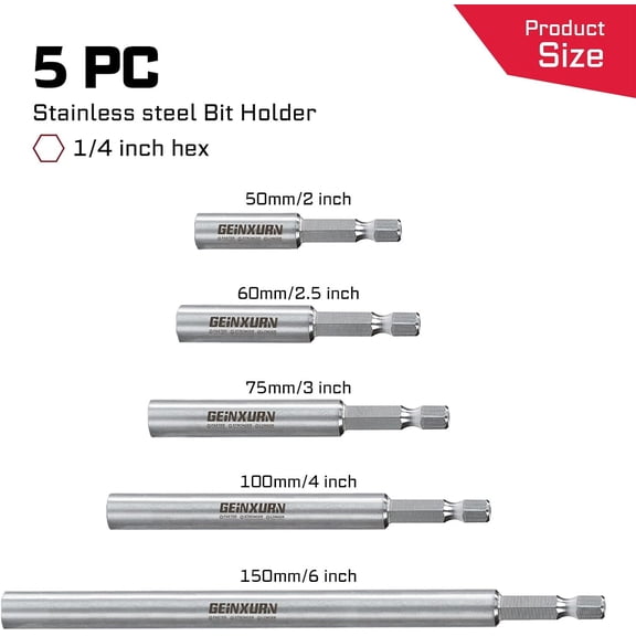 GHRTGR-5PACK Stainless Screwdriver Bit Holders,Multi Length Extension Socket Drill Bit Magnetic Holder Hex Shank Quick-Change Drill Bit Guide(2" 2.5" 3" 4" 6")