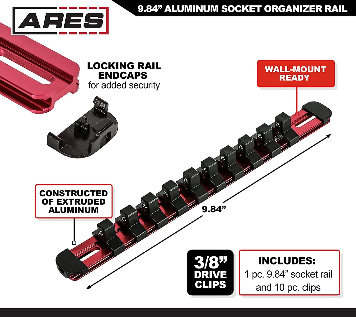 GHRTGR-60101-3/8-Inch Drive Red 9.84-Inch Socket Rail with Locking End ...