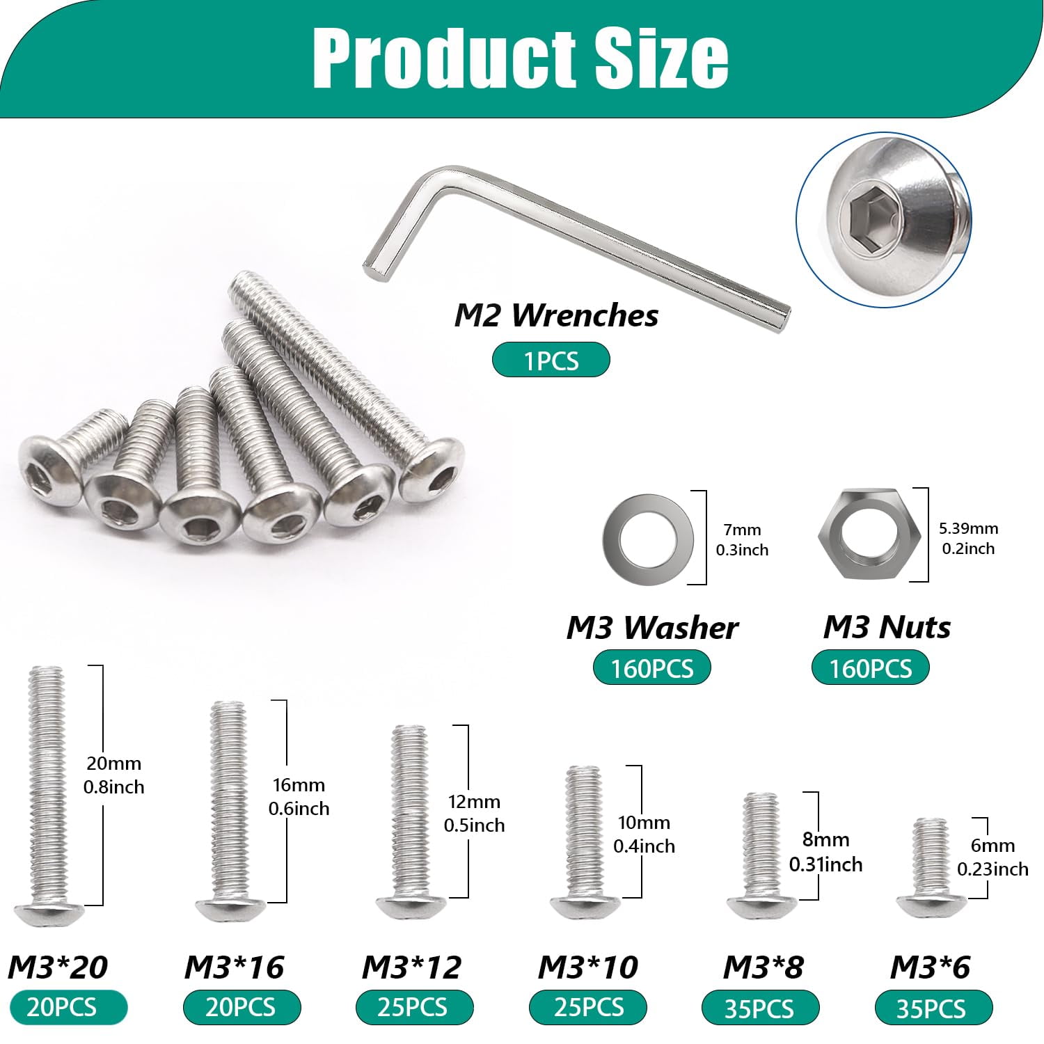 620-Piece M3 Metric Screws Assortment Kit - Hex Socket Head Cap Screws, Nuts, Washers (6 Sizes), 12.9 Grade Steel