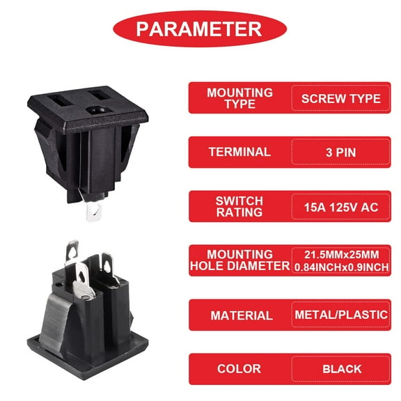 GHRTGR-6Pcs 3 Pins US Power Socket Plug Panel 15A 125V AC Panel Mount Outlet Industrial Plug Female Connectors Adapter with 18AWG Connection Cord line