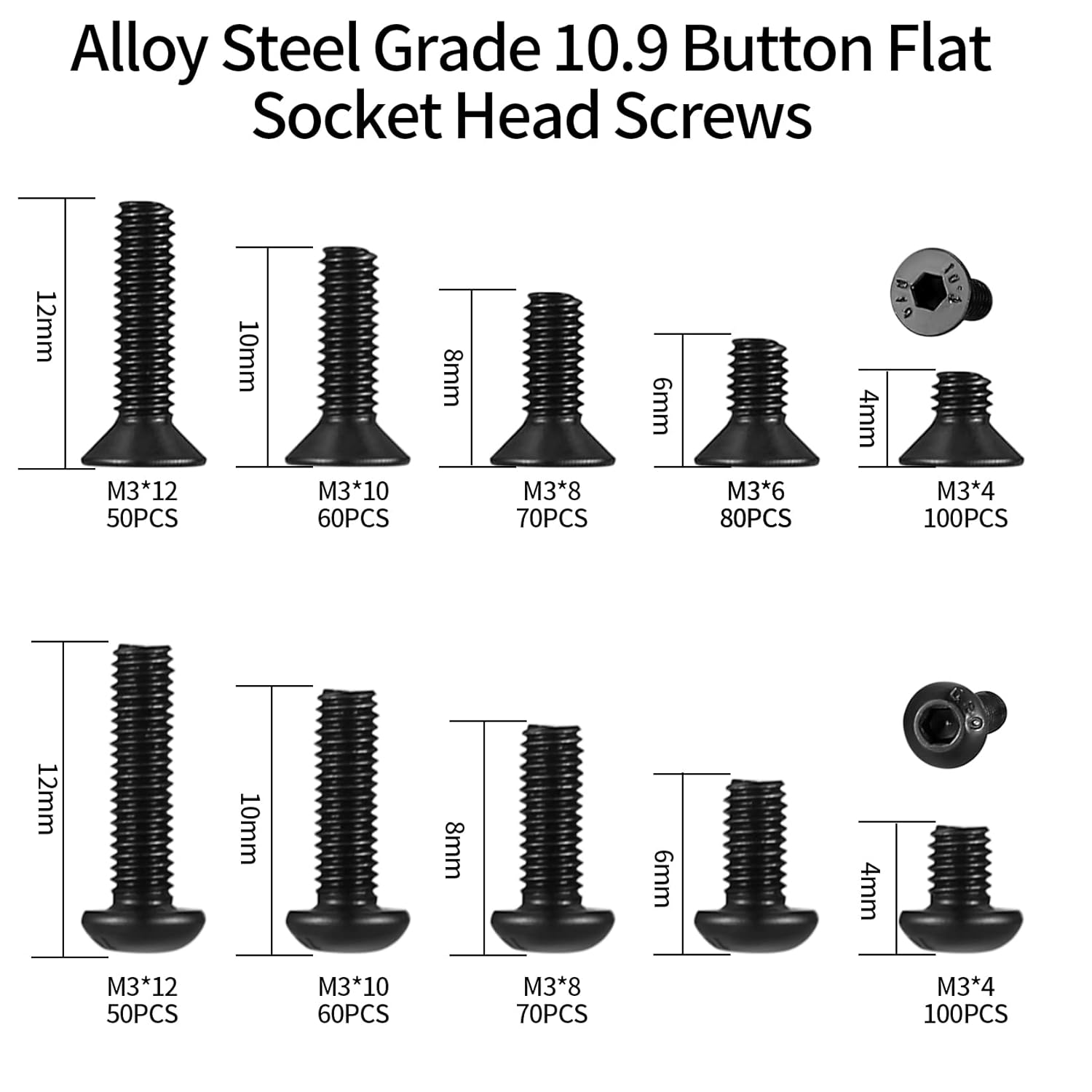 Assortment Kit Of 600pcs Of * Screws, Including Sizes M3X 6/8/10/12/16/20/25/30Mm, Made From 12.9 Alloy Steel With Black * Plating, Featuring Hex Socket Head Screws, Nuts, Bolts, And Washers