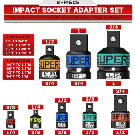 GHRTGR-8-Piece Impact Socket Adapter Set, 1/4", 3/8", 1/2", 3/4", 1" Socket Converter and Reducer, Impact Driver and Wrench Conversion Kit, Automotive Maintenance and Construction Engineering