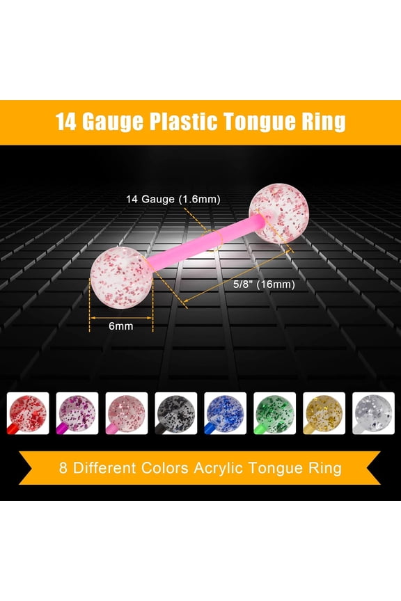 GHRTGR-8Pair Flexible Glitter Acrylic Tongue Ring Retainer or Nipple Ring 14G Bar Length 16mm
