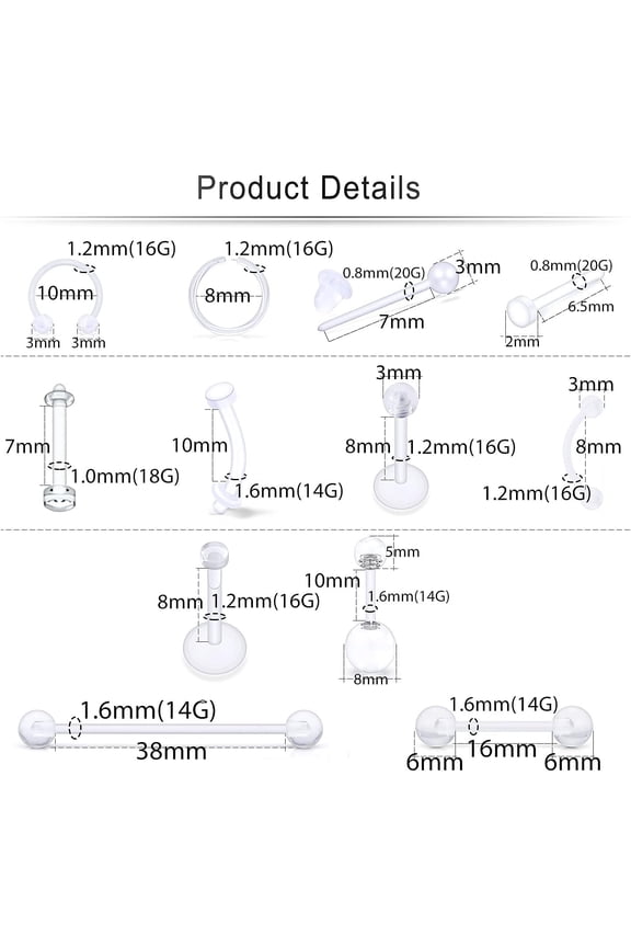 GHRTGR-92pcs Clear Plastic All Piercing Retainer for Surgery Work Sport 16G 14G Bioflex Lip Eyebrow Belly Navel Septum Nose Nipple Tongue Rings Tragus Cartilage Earrings Hoop Industrial Bar Retainer