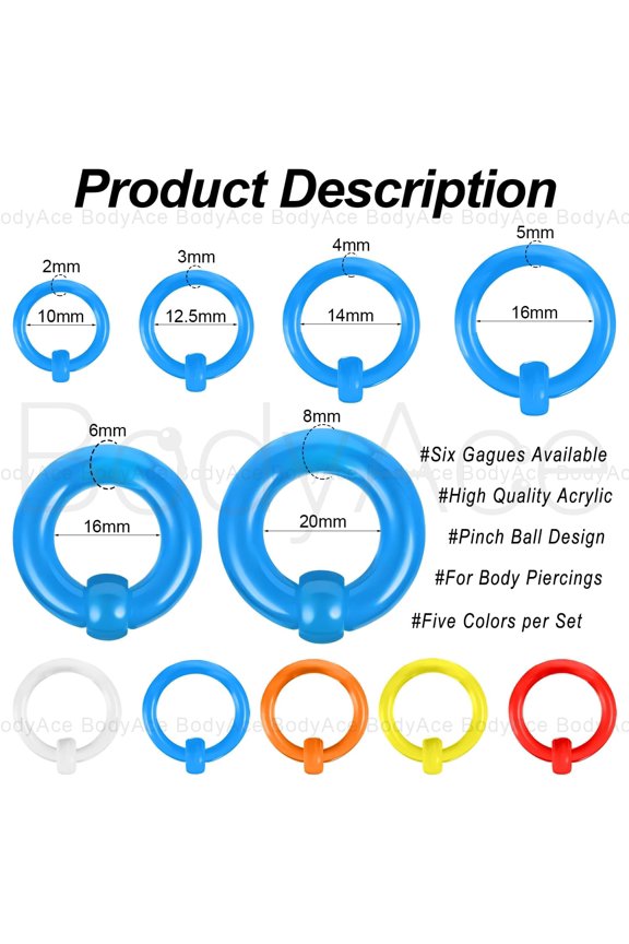 GHRTGR-Acrylic Segment Septum Rings, Multi Colors Circular PA Rings in 0G 2G 4G 6G 8G 12G, 5Pairs Captive Bead Ring CBR Nose Ear Piercing Body Jewelry