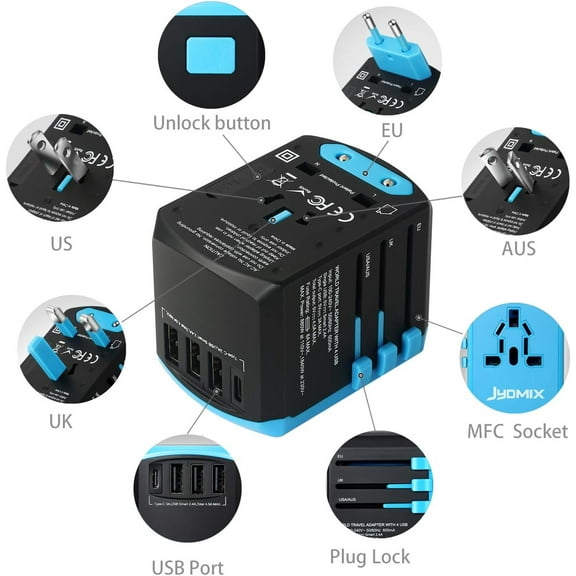GHRTGR-All in One Universal USB Travel Power Adapter with 3 USB Port and Type-C International Wall Charger Worldwide AC Power Plug 8 Pin AC Socket for Multi-Nation Travel UK, EU, AU, Asia