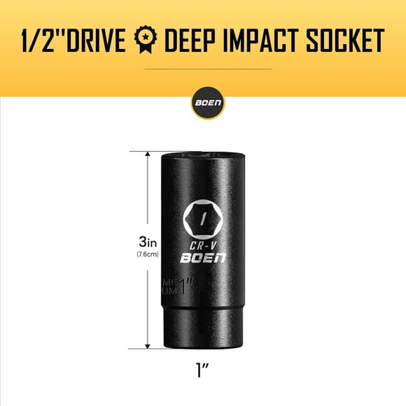 GHRTGR-BOEN 1/2" Drive Deep Impact Socket,1 Inch Premium Socket,SAE,6 Point,Cr-V Steel with Laser Marking - Strong and Durable