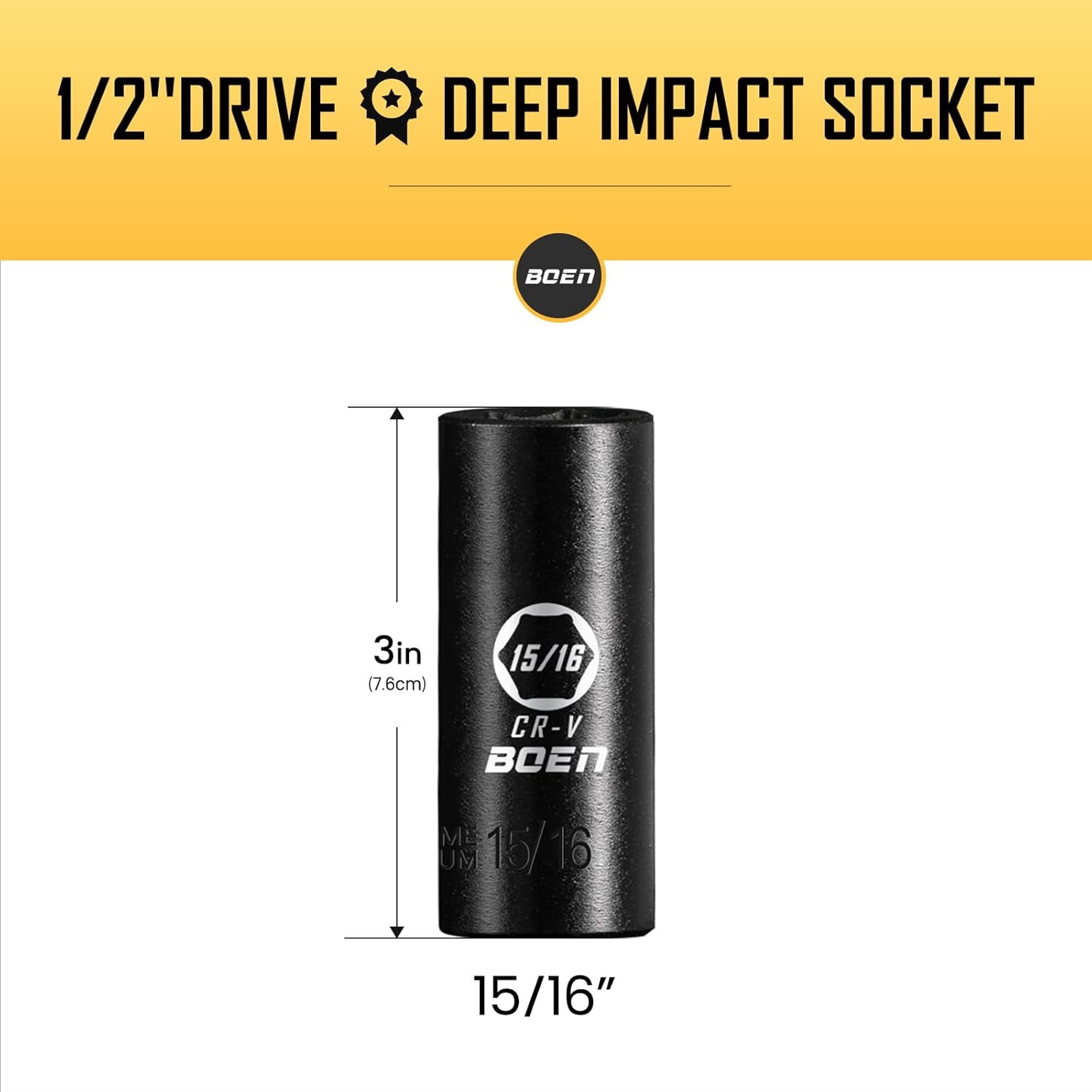 PGROUP 3/8" Drive Deep Impact Socket – 15/16" SAE 6-Point, Cr-V Steel With Black Manganese Phosphate Coating For Tough Jobs