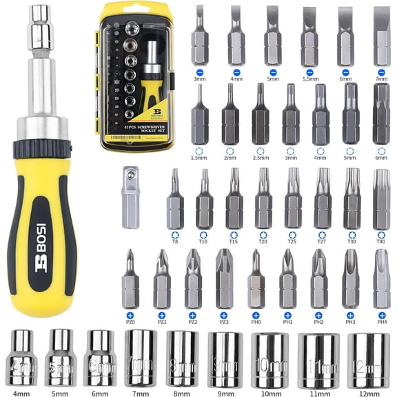 GHRTGR-BOSI TOOLS Ratchet Screwdriver Set 41 Pieces Socket Set Magnetic Screwdriver Bit Set with Ratchet Handles & Storage Box Household Repair Kit for Bike Electronic Projects