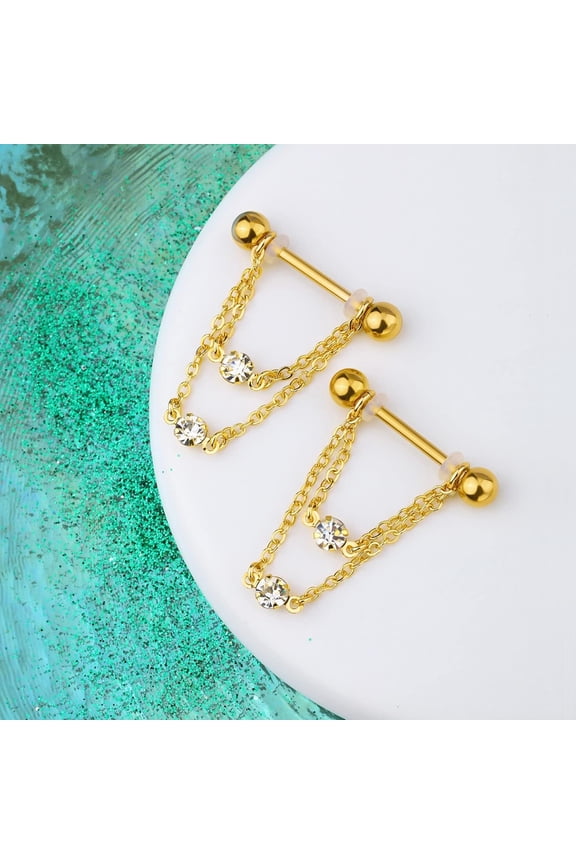 GHRTGR-Cocharm 14g Double Chain Nipple Rings Silver & Gold - 316L Stainless Steel Piercing Jewelry For Women