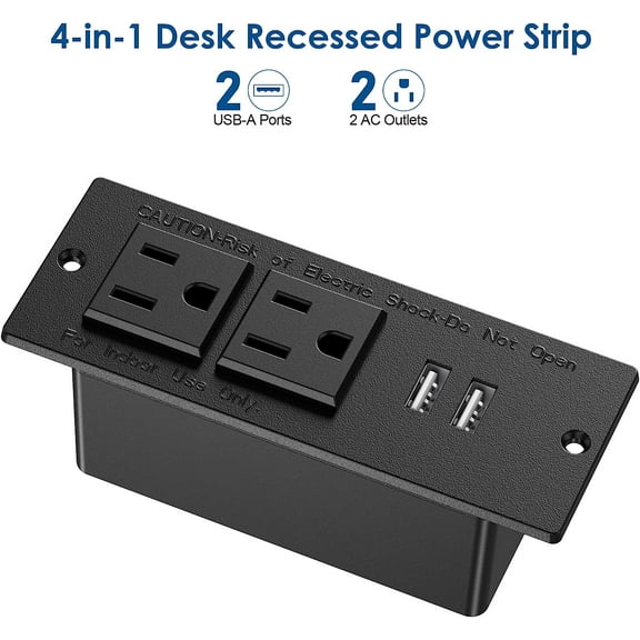 GHRTGR-Conference Recessed Power Strip Socket 9.8Ft Cord,Furniture Flush Mount Charging Station,Desktop Power Grommet Power Strip with 2 Outlets,2 USB Ports,Desk Outlet for Side Table or End Table