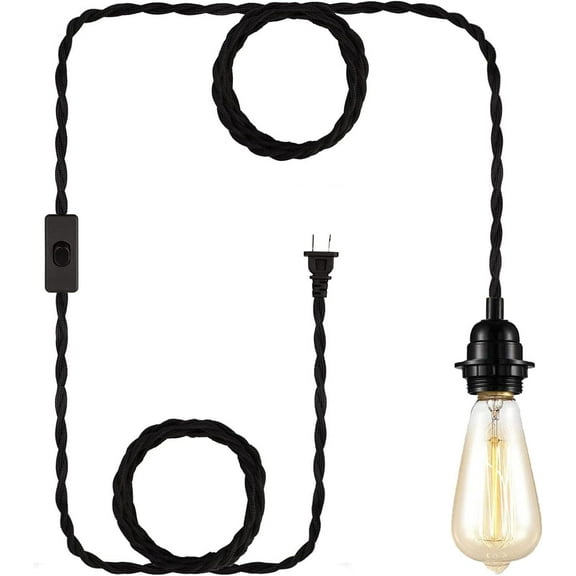 GHRTGR-DIY 15ft Plug in Black Pendant Light Cord Farmhouse Vintage Ceiling Hanging Fabric Lamp Cord Kit Twisted Hemp Rope Switch E26 Socket Set Lighting Cable for Kitchen Living Room Corner
