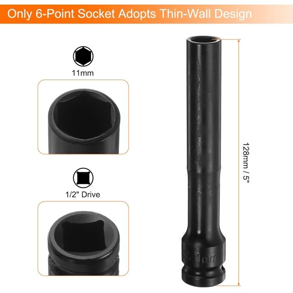 GHRTGR-Deep Thin Wall Impact Socket 11mm Metric 6 Point Socket 1/2" Square Drive 5" Extra Long Phosphated CR-V Steel Industrial Grade Spindle Axle Nut Socket, Black