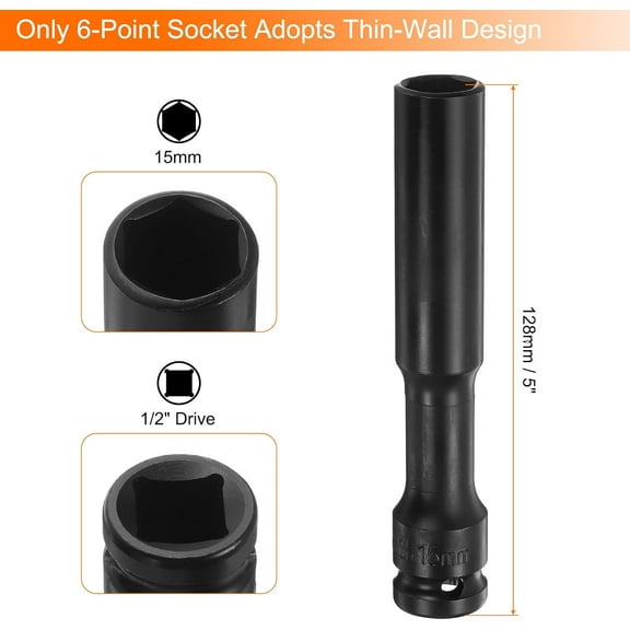 GHRTGR-Deep Thin Wall Impact Socket 15mm Metric 6 Point Socket 1/2" Square Drive 5" Extra Long Phosphated CR-V Steel Industrial Grade Spindle Axle Nut Socket, Black