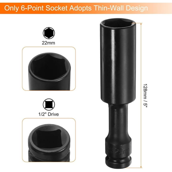 GHRTGR-Deep Thin Wall Impact Socket 22mm Metric 6 Point Socket 1/2" Square Drive 5" Extra Long Phosphated CR-V Steel Industrial Grade Spindle Axle Nut Socket, Black