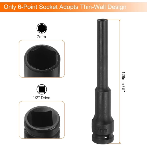 GHRTGR-Deep Thin Wall Impact Socket 7mm Metric 6 Point Socket 1/2" Square Drive 5" Extra Long Phosphated CR-V Steel Industrial Grade Spindle Axle Nut Socket, Black