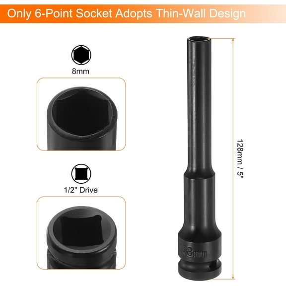 GHRTGR-Deep Thin Wall Impact Socket 8mm Metric 6 Point Socket 1/2" Square Drive 5" Extra Long Phosphated CR-V Steel Industrial Grade Spindle Axle Nut Socket, Black