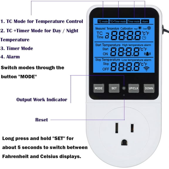 GHRTGR-Digital Day Night Thermostat Outlet Plug with Timer, Heating Cooling Multi Period Temperature Controller, LCD Screen Outlet Socket for Reptile Incubator Greenhouse Brewing Refrigerator 110V