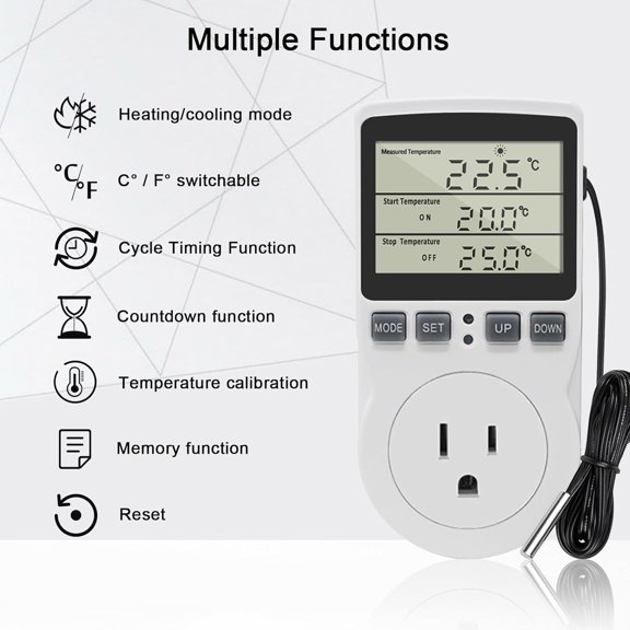 GHRTGR-Digital Thermostat Outlet Plug Temperature Controller Outlet Socket 120V Heating Cooling Control 110V 15A Celsius Fahrenheit Display White