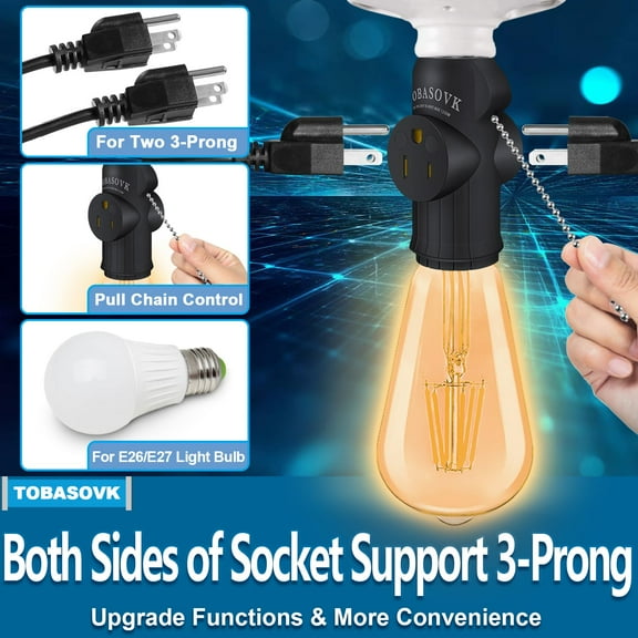 GHRTGR-Double Sides Both Support 3 Prong Light Socket to Plug Adapter, Light Bulb Outlet Socket Adapter with Pull Chain Control, Professional Heat-Resistant Materials Light Socket Adapter - Black