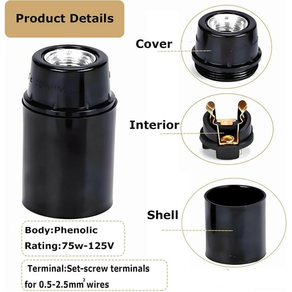 GHRTGR-E12 Candelabra Base socket,Black Candelabra Light Socket,E12 Lamp Holder for Incandescent LED Light Bulb, UL Listed,Keyless Phenolic (3-Pack)