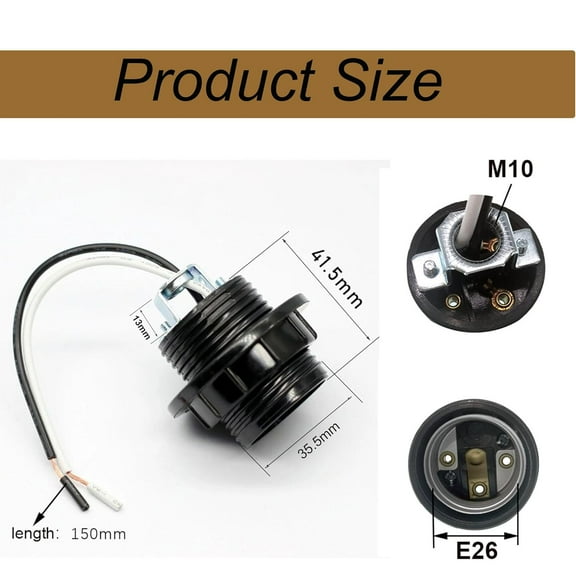 GHRTGR-E26 E27 Light Socket,Bakelite Threaded Medium Base Lamp Holder with Shade Ring,Phenolic Medium Base E26 Fixture Socket with 6" Wire Lead for Incandescent Led Light Bulbs Replacement,Pack of 2