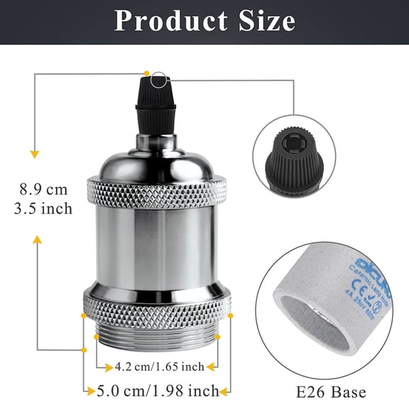 GHRTGR-E26 Edison Vintage Lamp Socket, Retro Pendant Lamp Holder, Light Sockets Replacement, Antique Look for Industrial, Decorative, DIY Lighting, 600 Heat Resistant, 4 Packs (Chrome Color)