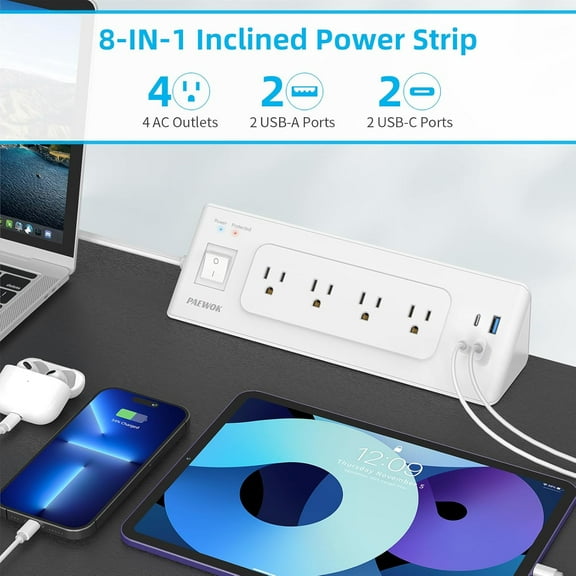 GHRTGR-Electrical Outlet Extender with USB C, Flat Wall Plug Extension Cord with 4 Sockets, Surge Protector Power Strip 15 Amps/1200 Joules, 6.5 Ft Multi-Plug Extension Cable for Home Office Dorm, Wh