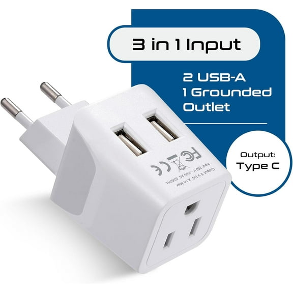 GHRTGR-Europe Travel Adapter Plug Set Schuko - with 2 USB + USA Socket Input - Type E/F and Type C - Ultra Compact - Safe Grounded Perfect for Cell Phones, Laptops, Camera Chargers (CTU-9-9C-PK)