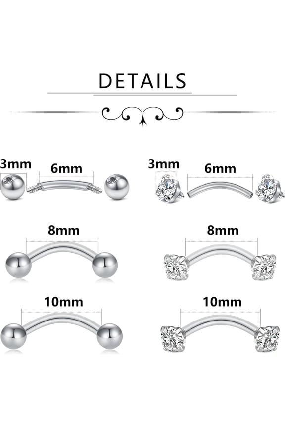 GHRTGR-Eyebrow Piercing Jewelry Curved Barbell Stianless Steel Tiny Eyebrow Ring Daith Rook Earrings Vertical Labret Lip Jewelrys Ear Helix Conch for Women Men 16g 6mm/8mm/10mm