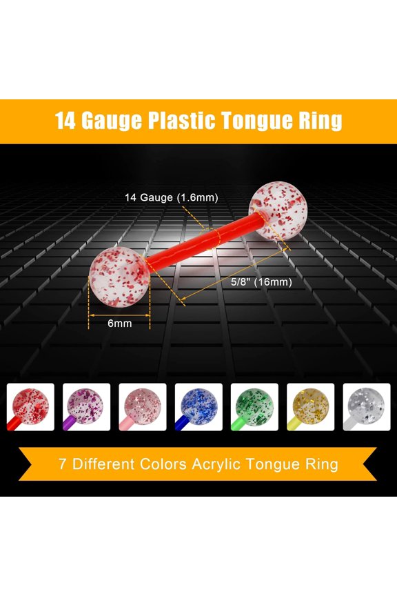 GHRTGR-Flexible Glitter Acrylic Surgical Steel Barbell Tongue Ring Retainer or Nipple Ring 14G Bar Length 16mm
