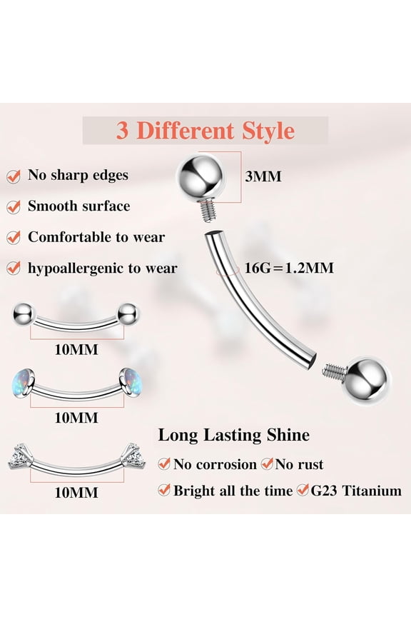 GHRTGR-G23 Titanium 16G Eyebrow Piercing Jewelry Curved Barbell Piercing Ear Navel Belly Lip Ring Rook Piercing Piercing CZ Opal Ball Barbell Piercing Jewelry 6mm/8mm/10mm