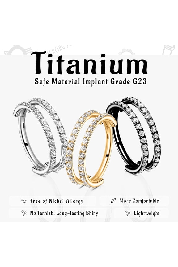 GHRTGR-G23 Titanium Cartilage Earring Hoop: 16G 8mm 10mm 12mm Conch Helix Piercing Jewelry CZ Double/Triple Nose Rings Hoops Septum Rings Hypoallergenic Hinged Segment Clicker Lip Rings Rook Daith Tr