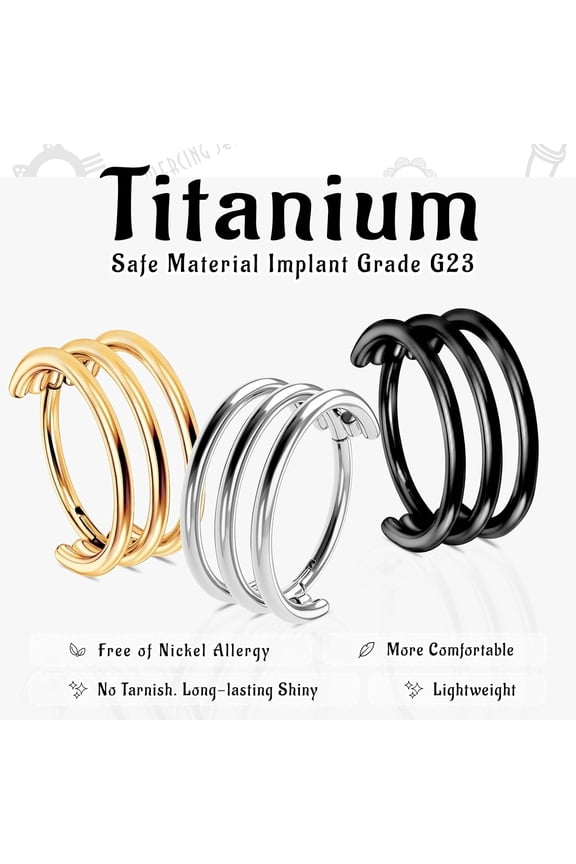 GHRTGR-G23 Titanium Cartilage Earring Hoop: 16G 8mm 10mm 12mm Conch Helix Piercing Jewelry CZ Double/Triple Nose Rings Hoops Septum Rings Hypoallergenic Hinged Segment Clicker Lip Rings Rook Daith Tr