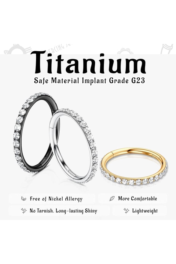 GHRTGR-G23 Titanium Cartilage Earring Hoop: 16G 8mm 10mm 12mm Conch Helix Piercing Jewelry CZ Double/Triple Nose Rings Hoops Septum Rings Hypoallergenic Hinged Segment Clicker Lip Rings Rook Daith Tr
