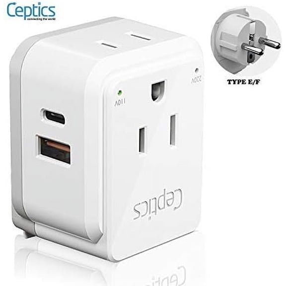 GHRTGR-Germany, Korea Travel Plug Adapter Set, 20W PD & QC, Safe Dual USB & USB-C - 2 USA Socket - Use in Schuko, France, Russia, Netherlands - Includes Type E/F SWadAPt Attachments