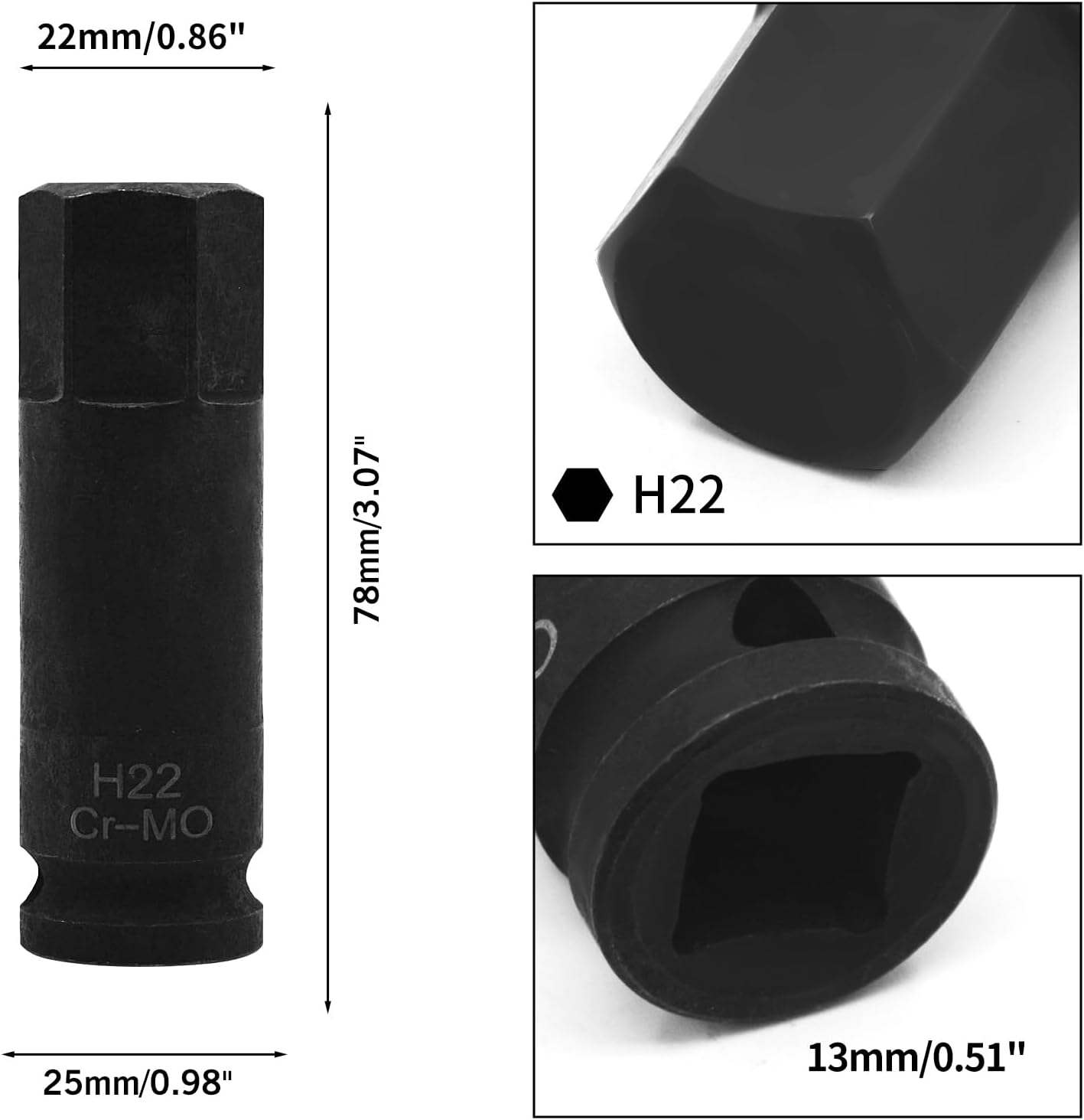 GHRTGR-H22 (22mm) Hex Impact Bit Socket, 1/2-Inch Drive Allen Bit ...