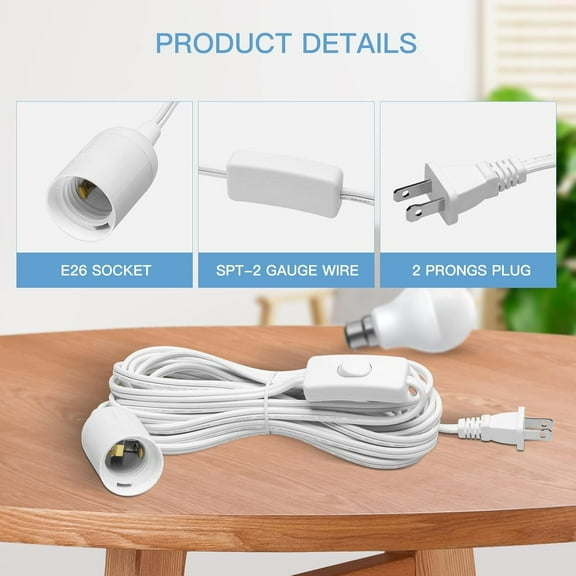 GHRTGR-Hanging Lantern Extension Cord Cable, Plug-in E26 Pendant Light Socket with On/Off Button, 20ft-White-1Pack