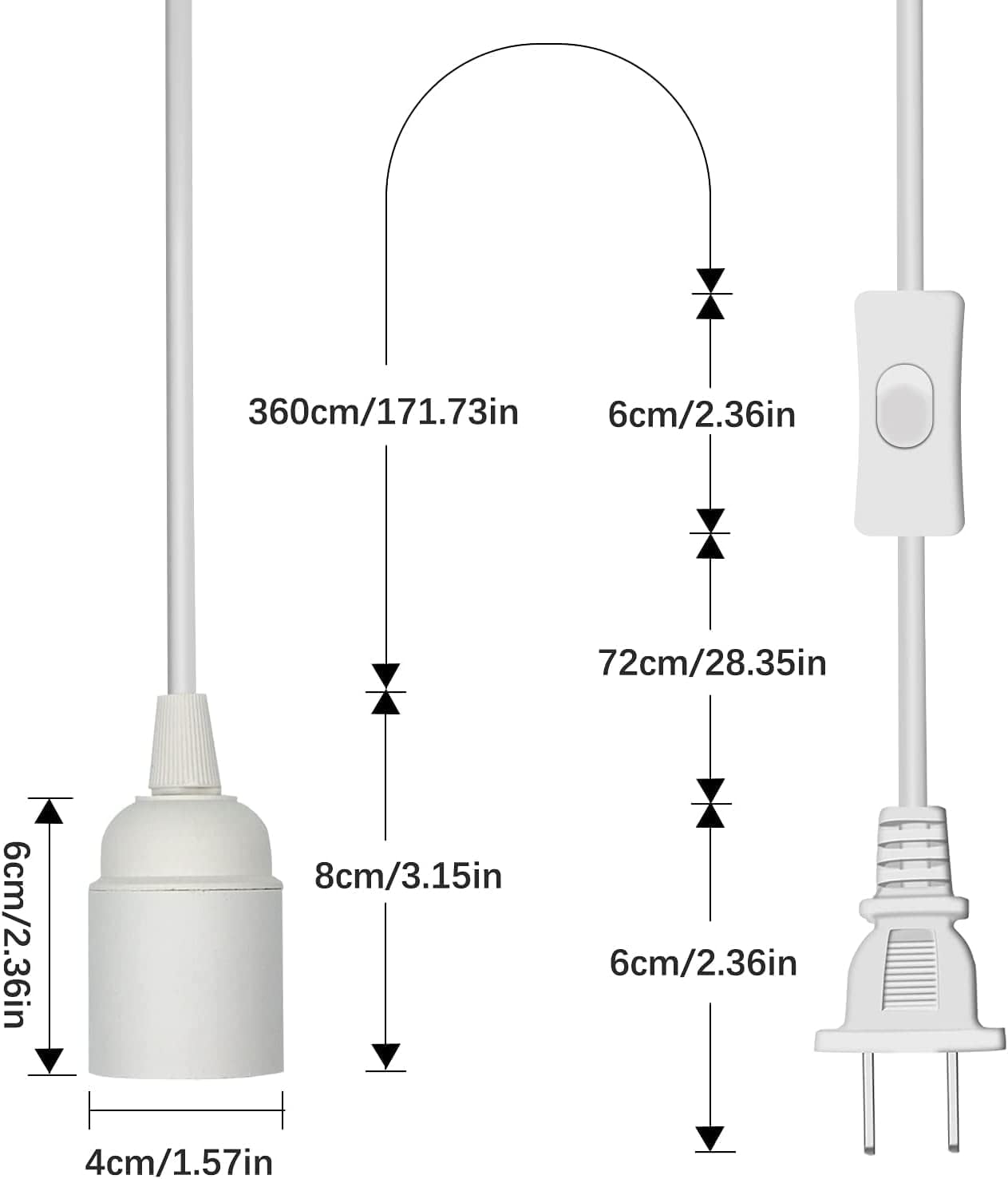 2-Pack 15FT Pendant Light Cord Kit With Switch - E26/E27 Socket, Plug-in Hanging Light Cord For DIY Lamps, Plant Lights, Bedroom