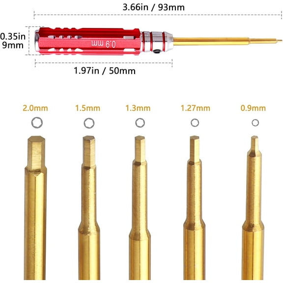 DASAW-Hex Screw Driver Set Titanium Hexagon Screwdriver 0.9mm 1.27mm 1.3mm 1.5mm 2.0mm Hex Keys Allen Wrench Tool Kit for Axial SCX24 1/24 Crawler and Small Cars