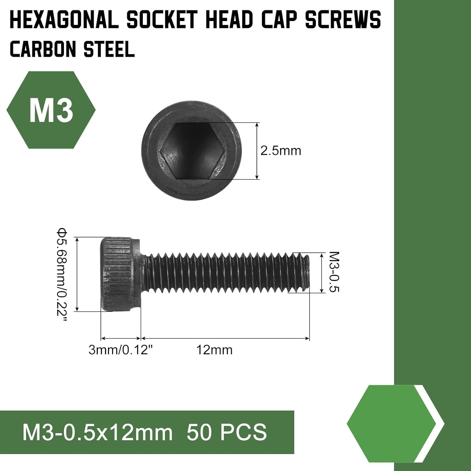 GHRTGR-Hex Socket Bolts (M3-0.5x12), Grade 12.9 Carbon Steel Hex Socket ...